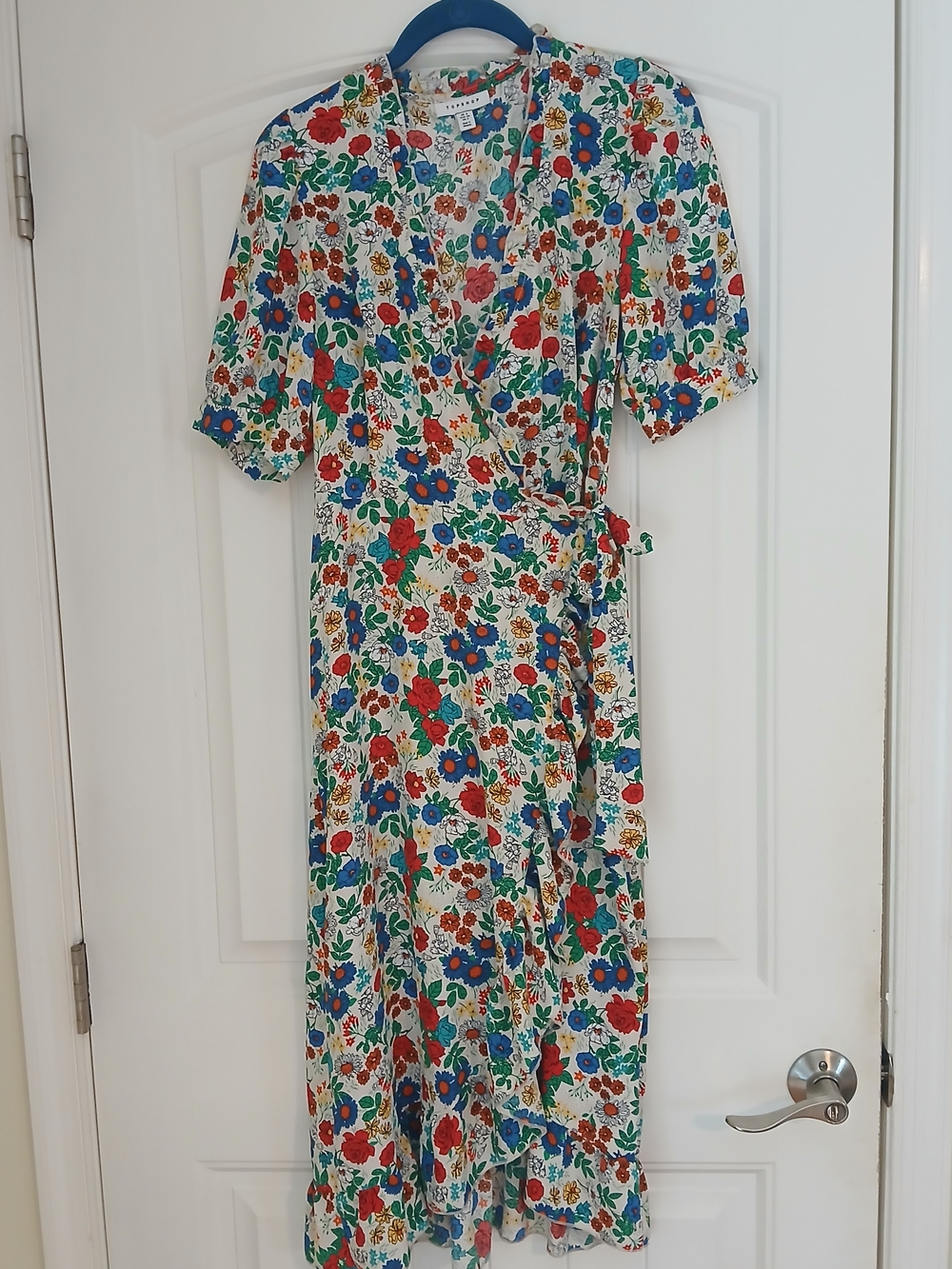 Topshop White Floral Wrap Midi Dress with Red & Blue Blooms